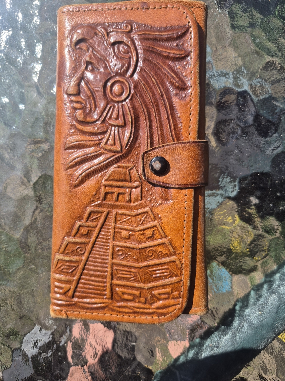 Handcrafted Tan Leather Wallet with Aztec Embossed Design